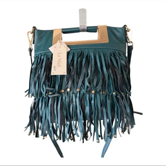 Le Miel Fringe Crossbody Bag Blue Women Cluch Detachable Strap Western 90s New - Picture 2 of 16